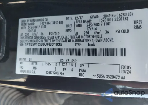 2018 Ford F-150 Xlt z USA, uszkodzony, nr VIN 1FTEW1CB6JFB31035